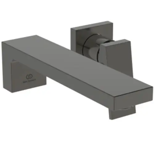 Wand-Waschbeckenarmatur in zeitlosem Design, gefertigt von Ideal Standard, mit rechteckigem Auslauf und Bedienknopf für einfache Nutzung.
